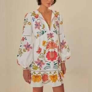 Farm Rio Off-White Floral Insects Mini Dress Linen Blend Statement Sleeve, Small